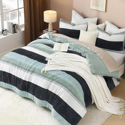 Litanika Fluffy Fleece Full Size Comforter Set, Luxury Soft Plush Fuzzy Sage Green Stripe Bedding Comforter Sets, Warm Shaggy Faux Fur Bed Set All Season (1 Comforter, 2 Pillowcases)