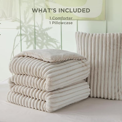 Bedsure Twin/Twin XL Comforter Set - GentleSoft™ 2 Pieces Fluffy Double-Side Fleece Comforter Set, Cozy Striped Room Decor Aesthetic, Luxury Linen Twin Bedding with 1 Pillowcase, 68x88 Inches