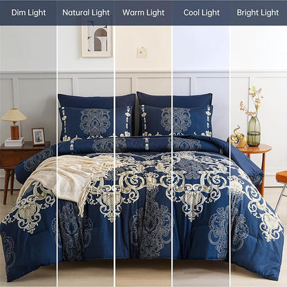 Mybedsoul Blue Gold Queen Comforter Set, 7 Pieces Boho Bed in a Bag for Queen Bed, Damask Comforter with Sheets Pillowcases, Soft Microfiber Lightweight Bedding Sets for All Season(90"x90")