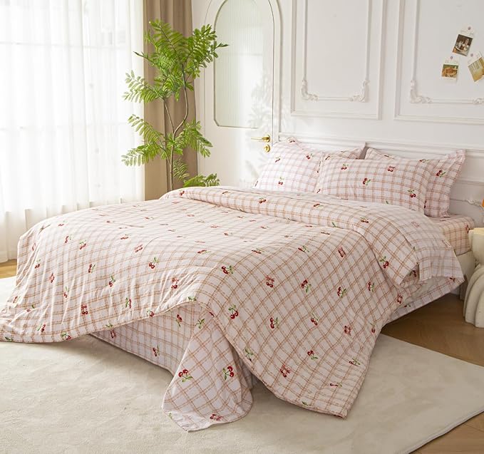 SDY 7PCS Pink Cherry Plaid Comforter and Sheet Set Full Size, Super Cute Soft Microfiber Gingam Bedding Set Includes 1*Comforter,1* Flat Sheet, 1*Fitted Sheet,2*Pillowcases and 2*PillowcaseShams