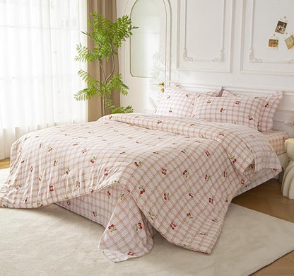 SDY 7PCS Pink Cherry Plaid Comforter and Sheet Set Queen Size, Super Cute Soft Microfiber Gingam Bedding Set for Kids with 1*Comforter,1* Flat Sheet, 1*Fitted Sheet.2*Pillowcases and PillowcaseShams