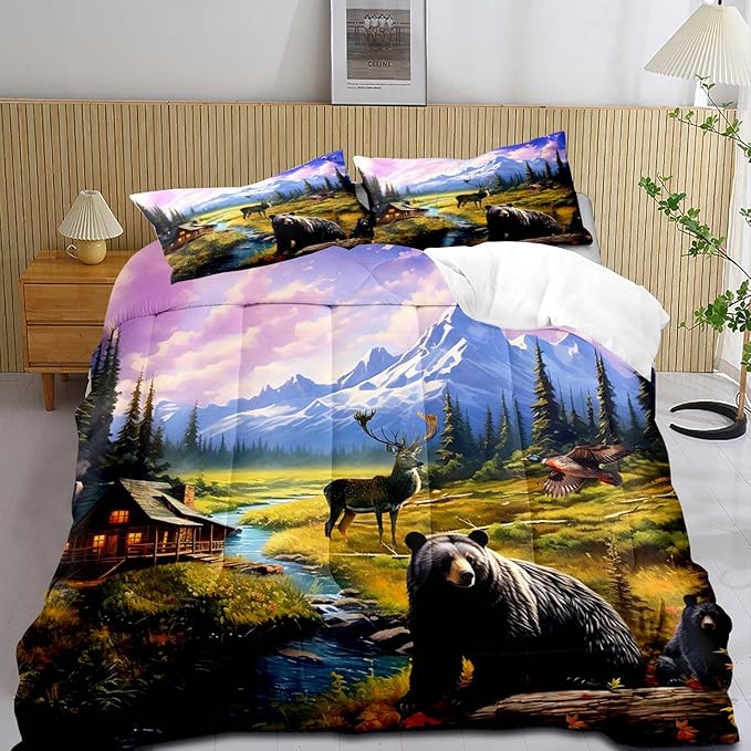 LUVIVIHOME 3PCS Black Bear Deer Comforter Set Full Size, Mallard Duck Moose Mountain Lake Forest Animal Wildlife Hunting Hunter Country Lodge Rustic Farmhouse Cabin Bedding Sets, 2 Pillow Shams