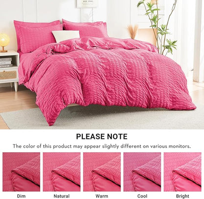 HYMOKEGE Hot Pink Twin XL Comforter Set Seersucker 5 Pieces, All Season Luxury Bed in a Bag for Bedroom, Bedding Set with Comforter, Sheets, Pillowcase & Sham
