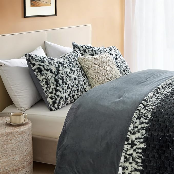 Petrichor Fluffy King Comforter Set - Black and White Striped Faux Fur Blanket for King Bed, Ultra-Soft Warm Bedding for Winter & Fall, Cozy 3 Piece Bed Set (1 Comforter & 2 Pillowcases)