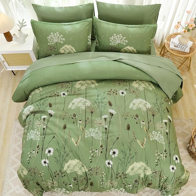Yiran 7 Piece Sage Green Floral Comforter Set King Size, Dandelion Plant Botanical Comforter Bedding Set, Bed in a Bag King, Soft Microfiber Complete Bedding Set with Sheets for All Season