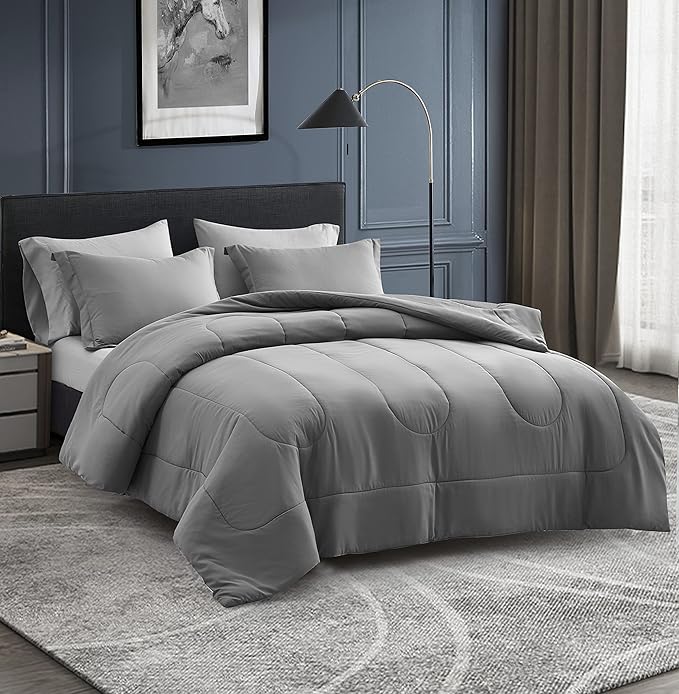 Maple&Stone Twin XL Comforter Set 5 Pieces Bed in a Bag - Down Alternative Bed Set with Sheets, Pillowcase & Sham, Soft Reversible Duvet Insert for Twin XL Bed, Dark Grey & Light Grey