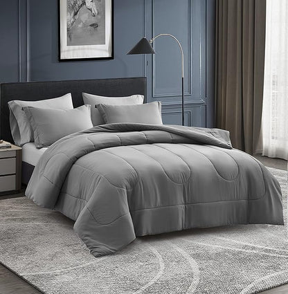 Maple&Stone Twin XL Comforter Set 5 Pieces Bed in a Bag - Down Alternative Bed Set with Sheets, Pillowcase & Sham, Soft Reversible Duvet Insert for Twin XL Bed, Dark Grey & Light Grey