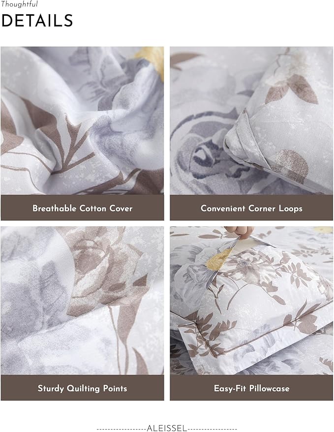Luxurious Cotton 3pcs Floral Comforter Sets King Size - Light Gray Comfoter with Bluish Gray & Taupe Floral and Botanical Prints, Vintage Lightweight Bedding Sets(King 104"×90")