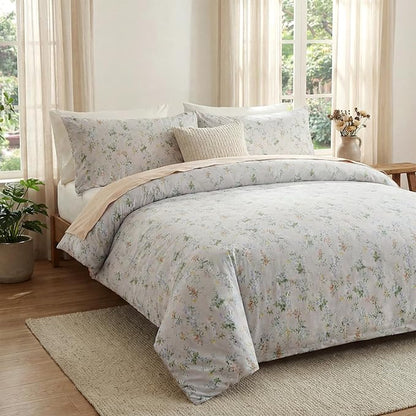 Floral Comforter Queen Size 100% Cotton Bedding Set Green Flowers Cotton Comforter Sets 3 Pcs Reversible Lightweight Soft Bedding Sets for All Seasons