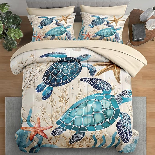 Comforter Set Queen Size, Ocean Coral Sea Turtle 7 Pcs Bedding for Kids and Adults, Blue Shell Animal Bed Sheet Sets with Fitted Sheet 2 Pillowcases & 2 Shams for Bedroom Bed Decor
