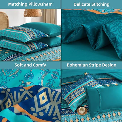 Boho Comforter Set Queen Size,7 Pieces Comforter Bedding Set Bed in a Bag Bohemian,Turquoise Blue Paisley Floral Comfortet and Sheet Set,Soft Striped Bedding Sets for All Season