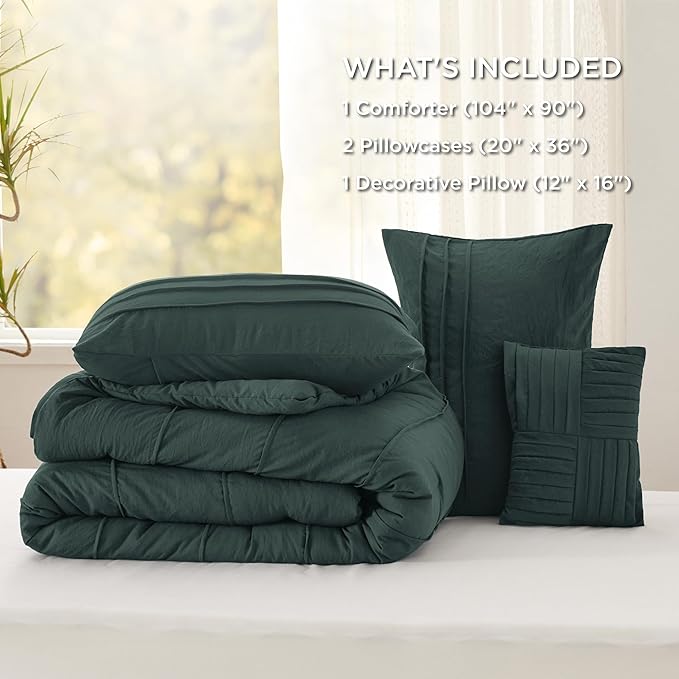 Bedsure King Comforter Set - 4 Pieces Pinch Pleat Bed Set, Emerald Green Boho Bedding for All Season, 1 Soft Comforter, 2 Pillowcases, 1 Decorative Pillow