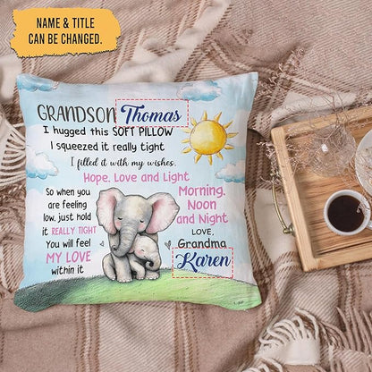 Hyturtle Personalized Grandson Pillow (Insert Included) Gifts from Grandma - Birthday Graduation for Grandson - Elephant Custom Name Sofa Couch Cushion Home Decor Pillow