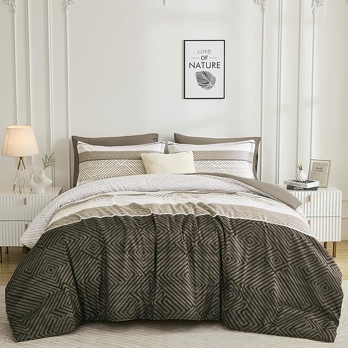 Drucon Comforter Set Queen Size 7 Piece Bed in a Bag Brown Striped Bedding Set Soft Microfiber Comforter and Sheet Set for All Season (Queen, 90"x90")