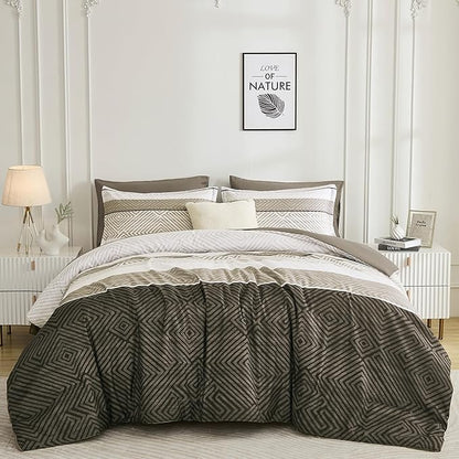 Drucon Comforter Set Queen Size 7 Piece Bed in a Bag Brown Striped Bedding Set Soft Microfiber Comforter and Sheet Set for All Season (Queen, 90"x90")