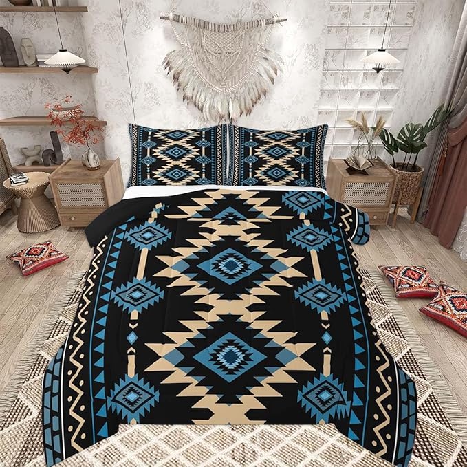 Feelyou Western Comforter Set Blue Black Southwestern Aztec Twin Size Bedding Set Country Tribal Native American Rustic Duvet Quilt