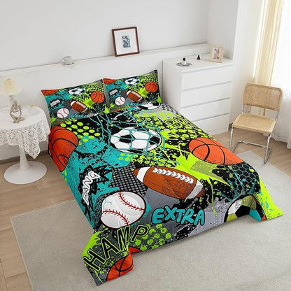 Feelyou Baseball Games Comforter Set Queen Size Football Comforter for Boys Girls Teens Rugby Sports Bedding Set Basketball Duvet Set Room Decor Teal Bright Green Mixed Ball Quilt Set