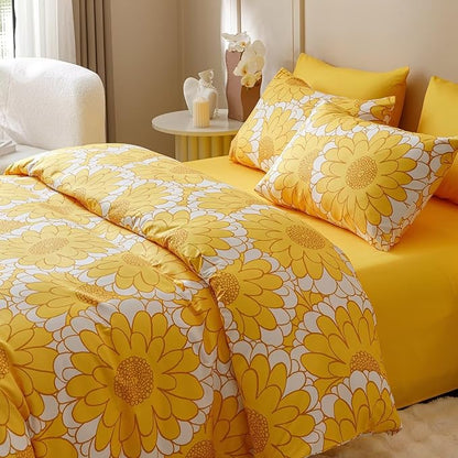 Houseri Yellow Floral Comforter Set Full 3 Piece Yellow Sunflower Bedding Full Size Lightweight White and Yellow Botanical Bed Set Soft Comfy Quilt Blanket Full