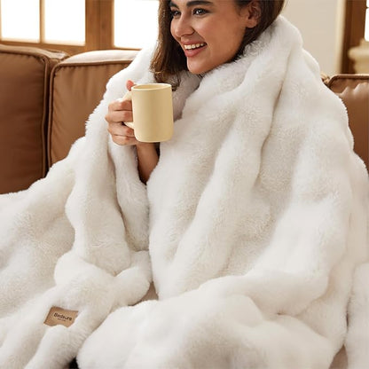 Bedsure GentleSoft Faux Fur Throw XL Blanket, Fluffy Fuzzy Large Throw Blanket for Bed, Soft Cozy Spring Bedding Minky Velvet Couch Cover, Thick Warm Plush Women Men Birthday Gifts, Cream
