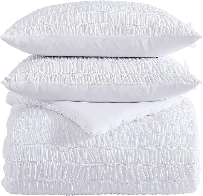 Shabby Chic® - King 3-Piece Comforter Set, Reversible Cotton Bedding with Matching Shams, Seersucker Shirring Home Decor for All Seasons (Aiden White, King)