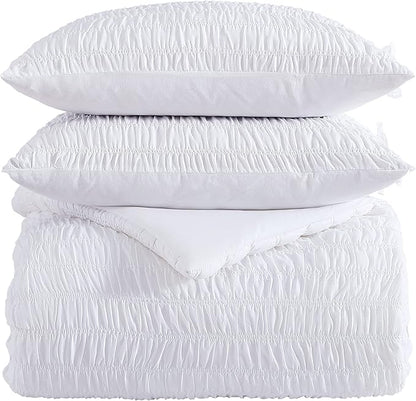 Shabby Chic® - King 3-Piece Comforter Set, Reversible Cotton Bedding with Matching Shams, Seersucker Shirring Home Decor for All Seasons (Aiden White, King)