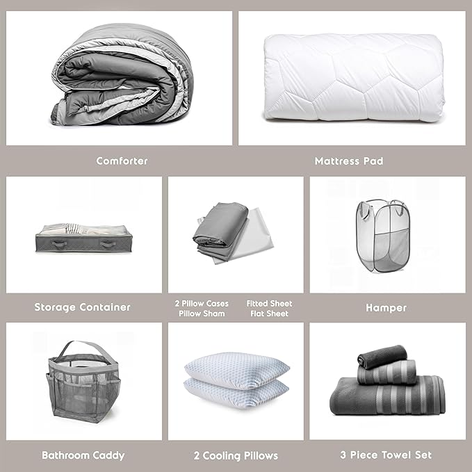 Hearth & Harbor Complete Dorm Room Set, Twin XL Comforter Set, Sheet Set, Pillows, Mattress Protector, Towels and Organizers - All Dorm Accessories Included