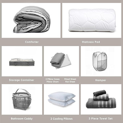 Hearth & Harbor Complete Dorm Room Set, Twin XL Comforter Set, Sheet Set, Pillows, Mattress Protector, Towels and Organizers - All Dorm Accessories Included