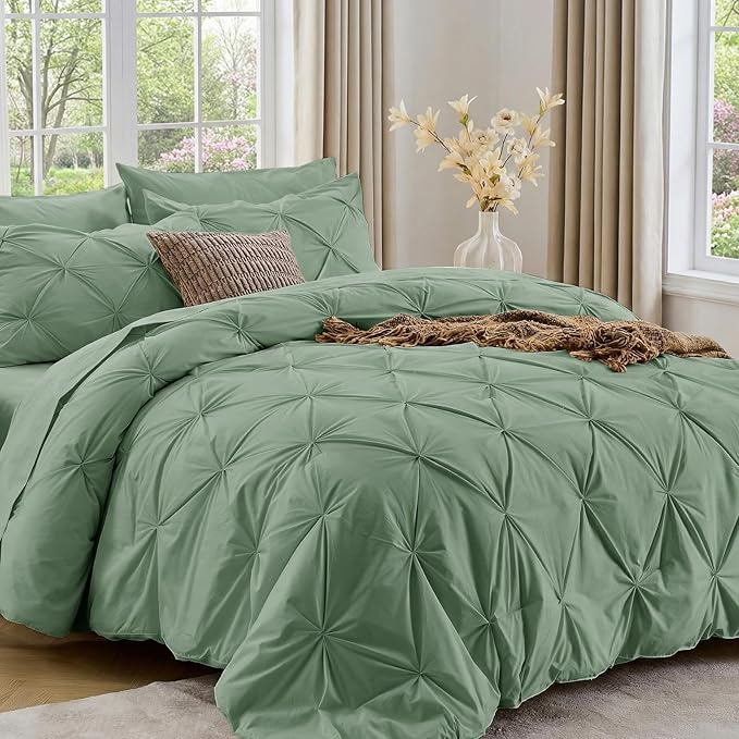 Sasttie King Size Comforter Set, 7-Piece Bed in a Bag, Pintuck Bedding Set for All Season, Includes Comforter, Flat Sheet, Fitted Sheet, Pillowcases and Pillowshams, Sage Green
