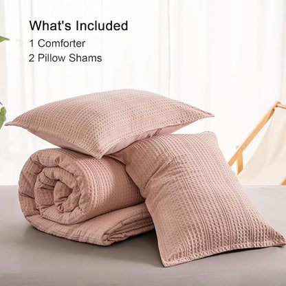 PHF Soft Waffle Comforter Set Queen Size- Comfy Breathable Waffle Weave Comforter with 2 Pillow Shams, 3 Pieces Less Snagging Lightweight Textured Bedding Set for All Season, Rose Pink