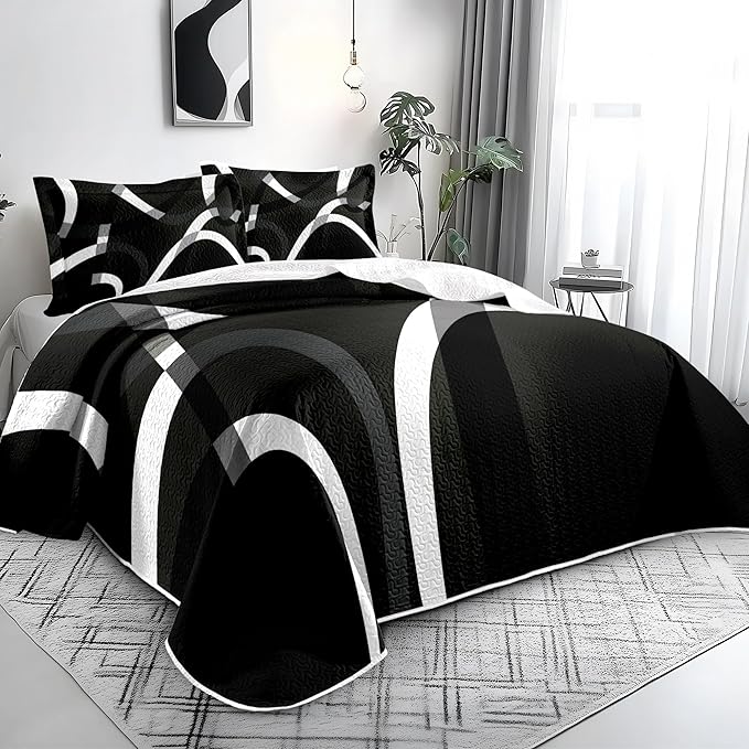 weesire Black and White Bedding Quilt Queen Size with 2 Shams, Modern Stripe Comforter Sets Classic Line Pattern Bedspreads Grey and White Coverlet, 90''x96''