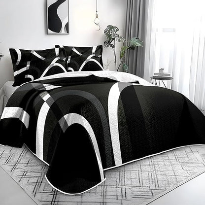 weesire Black and White Bedding Quilt King Size with 2 Shams, Modern Stripe Comforter Sets Classic Line Pattern Bedspreads Grey and White Coverlet, 96''x106''