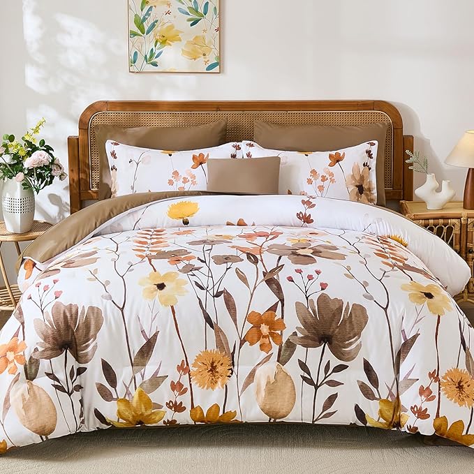 Anibedding 8Pieces King Size Comforter Set, Khaki Watercolor Floral Queen Size Bed in a Bag Comforter Set with Pillowcase, Sheets for All Season