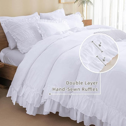 QSH White Farmhouse Ruffled Comforter Set King Size Shabby Boho Chic White Bedding Comforter King Lightweight Fluffy Ultra Soft Microfiber Inner Fill Bedding Set 3 Pieces
