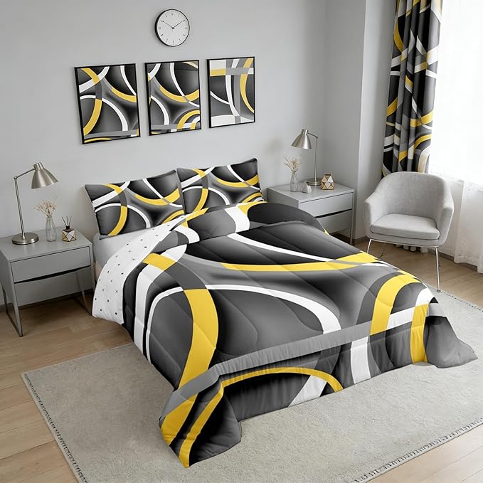 Castle Fairy Circle Geometric Comforter Set Gray Black Yellow Swirls Bedding Set for Kids Girls Women Adults Abstract Stripes Comforter Retro Style Quilted Duvet Set Bedroom Collection Twin Size 2Pcs