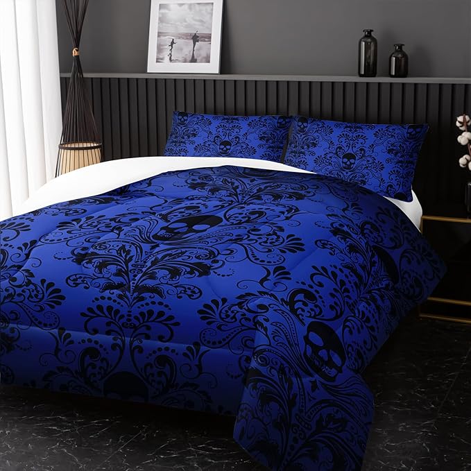 Adults Blue Gothic Comforter Set King Size,Vintage Damask Floral Bedding Set 3Pcs,Bohemia Bedding Set Goth Skull Printed Quilted Set for Teens Adult with 1 Comforter and 2 Pillowcase
