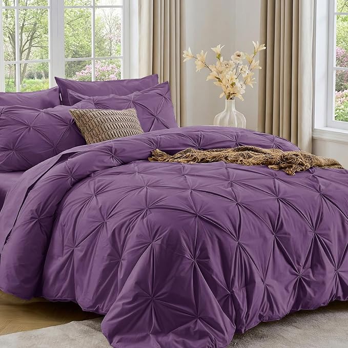 Sasttie Queen Comforter Set, 7-Piece Bed in a Bag, Pintuck Bedding Sets for All Season, Includes Comforter, Flat Sheet, Fitted Sheet, Pillowcases and Pillowshams, Grape Purple