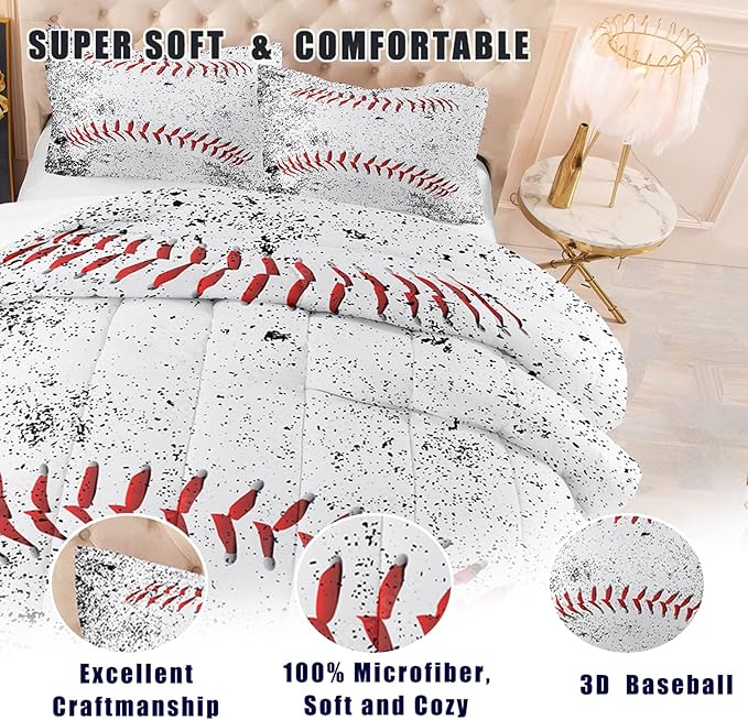 NINENINE Sports Comforter Set for Boys Teens Kids Bedding - Queen Size, Baseball Bedding Set with 1 Comforter 2 Pillowcases