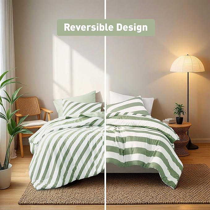 Reversible Striped Twin Comforter Set, Soft Microfiber Bedding Set with Double-Sided Stripes Design, Warm & Cozy for All-Seasons, 2-Piece Comforter and Sham Set Twin Size, Sage Green
