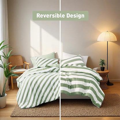 Reversible Striped Twin Comforter Set, Soft Microfiber Bedding Set with Double-Sided Stripes Design, Warm & Cozy for All-Seasons, 2-Piece Comforter and Sham Set Twin Size, Sage Green