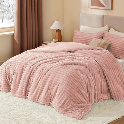 BEDELITE Fleece Twin Comforter Set -Super Soft & Warm Fluffy Dusty Pink Bedding, Luxury Fuzzy Heavy Bed Set for Winter with 1 Pillow case