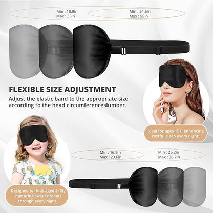 Silk Sleep Mask Eye Cover, 100% Real Natural Eye Mask for Sleeping with Adjustable Strap, 100% Silk Filling Blindfold, sleepmask for Kids/Teens/Adults, Sleeping Masks for Family (2 Black)