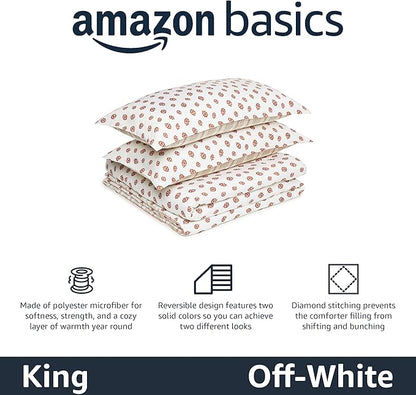 Amazon Basics Lightweight Polyester Microfiber Comforter Set, 3-Pieces, Off White Floral, King