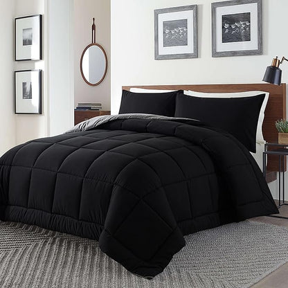 DOWNCOOL Twin Comforter Set -All Season Bedding Comforters Sets with 1 Pillow Case -2 Pieces Bed Set Down Alternative Comforter Set -Black/Grey Twin Bedding Sets(64"x88")