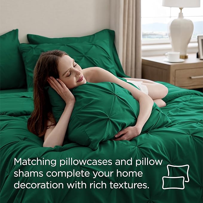 Bedsure Queen Comforter Set Dark Green - Bed in a Bag Queen Size Bedding 7 Pieces, GentleSoft™ Pintuck Bed Set Gift for Family, Pinch Pleat All Season Comforter with Sheets, Pillowcases & Shams