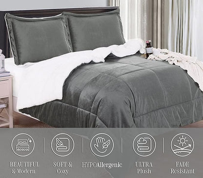 Elegant Comfort Super Soft Sherpa Comforter 3-Piece Set Premium Quality, Heavy Weight Reversible Down Alternative Micro-Suede, Sherpa Comforter, Queen, Silver Gray