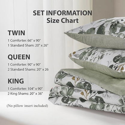 Lightweight Seersucker Botanical Comforter Set King Size, 3 Pieces Reversible Design with Striped Print, Premium Microfiber Bedding Set, Comforter and Sham Set, Green
