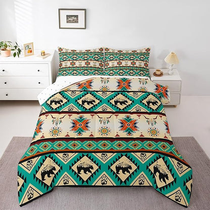 Erosebridal Black Bear Bedding Sets Exotic Bull Skull Western Comforter Set King,Ethnic Tribe Arrow Aztec Quilt Tribal Geometric Diamond Duvet Insert,Woodland Animals Boho Western Decor,Green