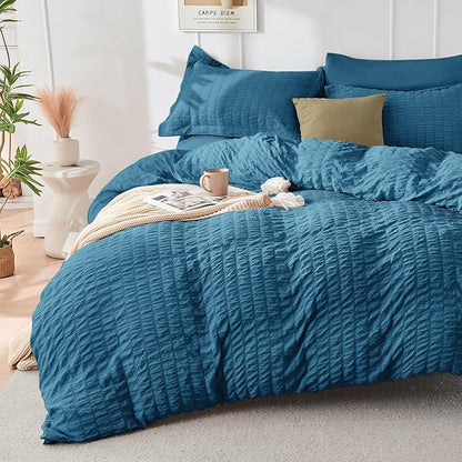 HYMOKEGE Teal King Size Comforter Set Seersucker 7 Pieces, All Season Luxury Bed in a Bag for Bedroom, Bedding Set with Comforters, Sheets, Pillowcases & Shams