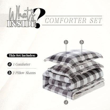 Elegant Comfort 3-Piece Buffalo Lodge-Plaid Comforter Set, Luxurious, Heavyweight, All Season, Down Alternative-Micromink Sherpa-Backing Reversible Micro-Suede, Soft and Plush, Queen, Gray/White