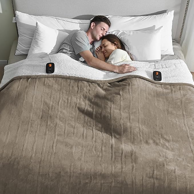 Heated Electric Blankets - Soft Flannel Heating Throw Electric Blanket with 6 Heat Settings King Size 100" × 90" Taupe - Velvet & Sherpa